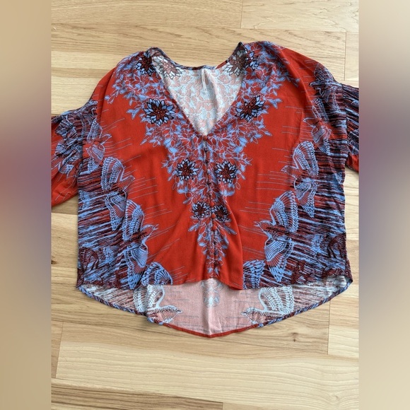 Free People Birds of a Feather blouse boho top terracotta  blue size Xs - Picture 11 of 13